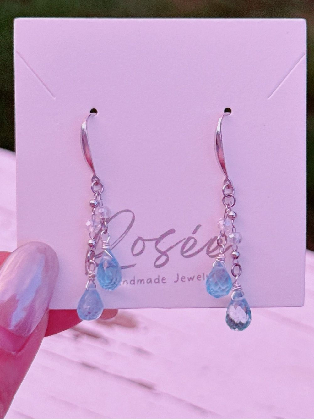 26E487 Handmade Freshwater Pearl Blue Topaz  Dangling Earrings S925 Hooks